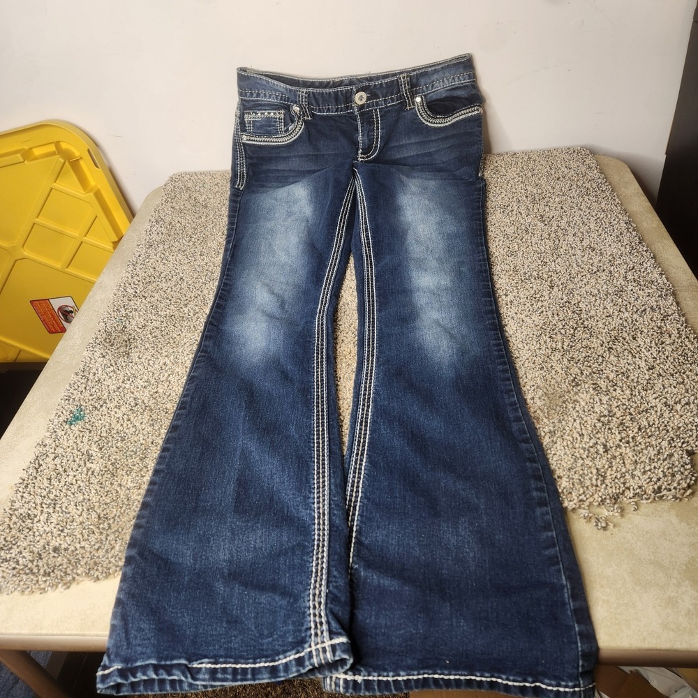Maurices Womens Flare Jeans Dark‎ Wash Thick Stitch Embellished Pockets 9/10 REG